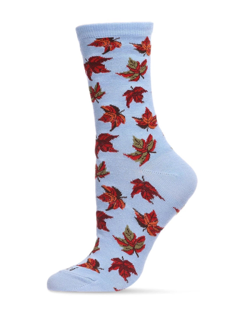 Autumn Falling Leaves Crew Socks, Light Blue