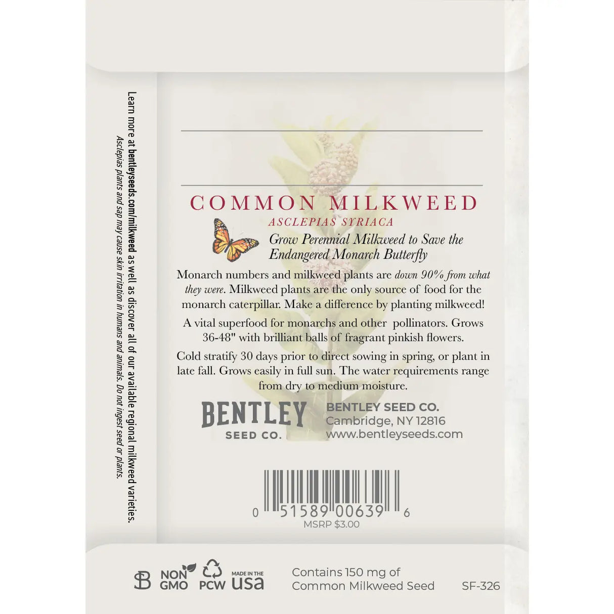 Common Milkweed For Butterflies Seed Packets