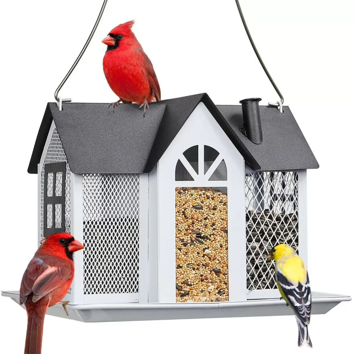 Farmhouse Style White Metal House Bird Feeder with Large Tray