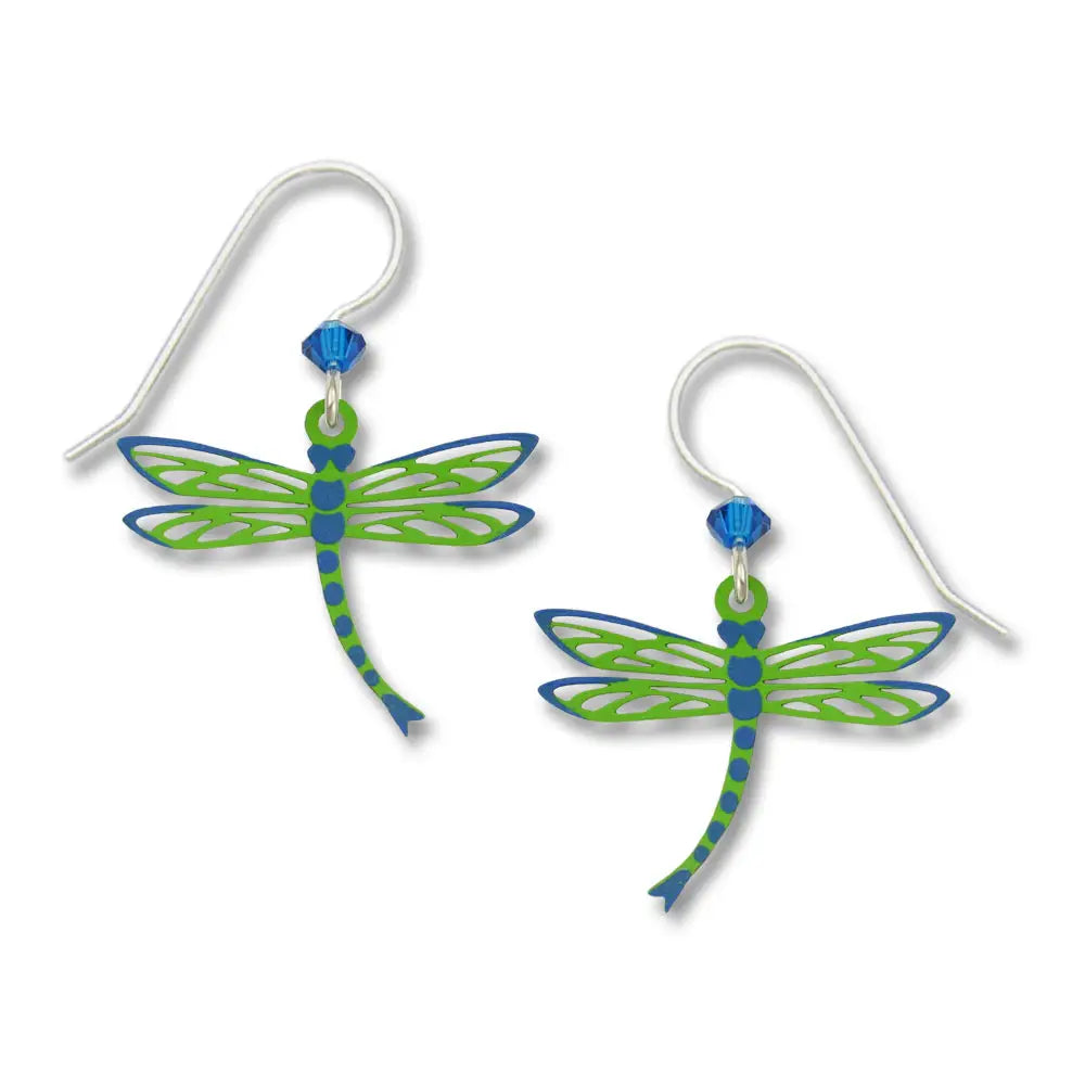 Filigree Green Dragonfly With Blue Wing Tips Earrings
