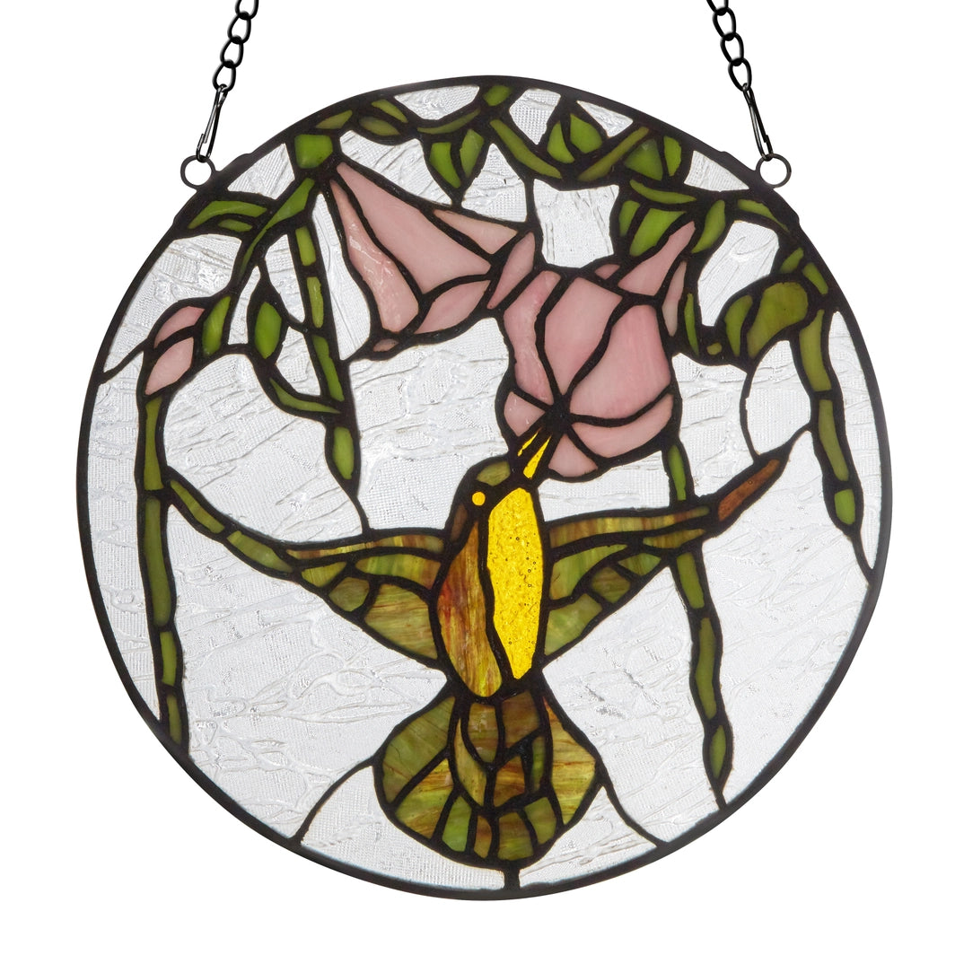 Hummingbird and Hibiscus Stained Glass Window Panel, 10-Inch Height (Store Pickup Only)