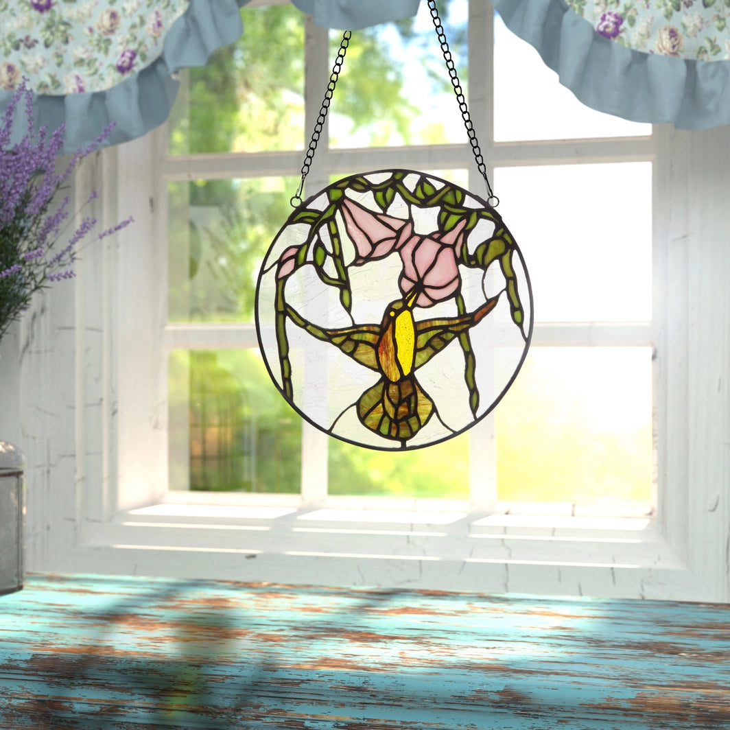 Hummingbird and Hibiscus Stained Glass Window Panel, 10-Inch Height (Store Pickup Only)