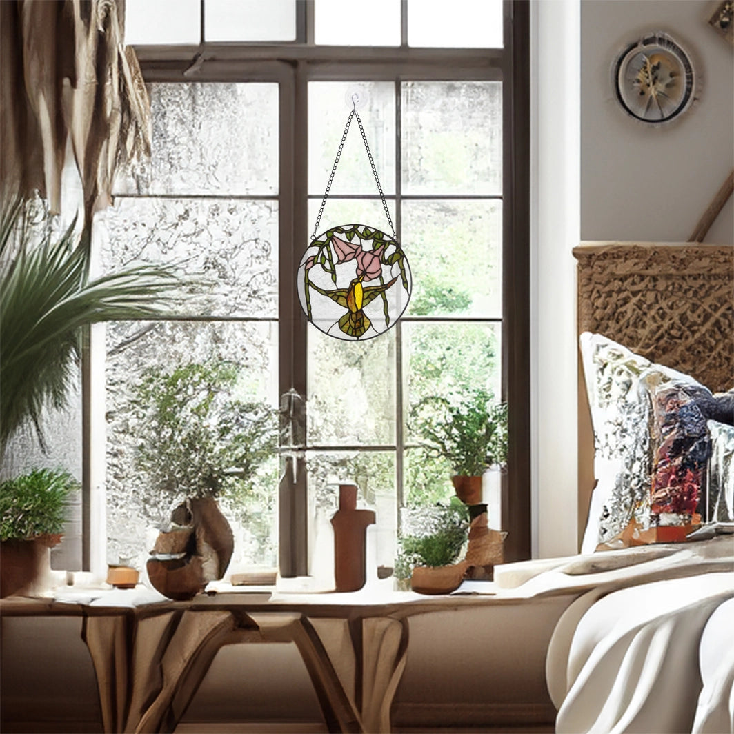 Hummingbird and Hibiscus Stained Glass Window Panel, 10-Inch Height (Store Pickup Only)