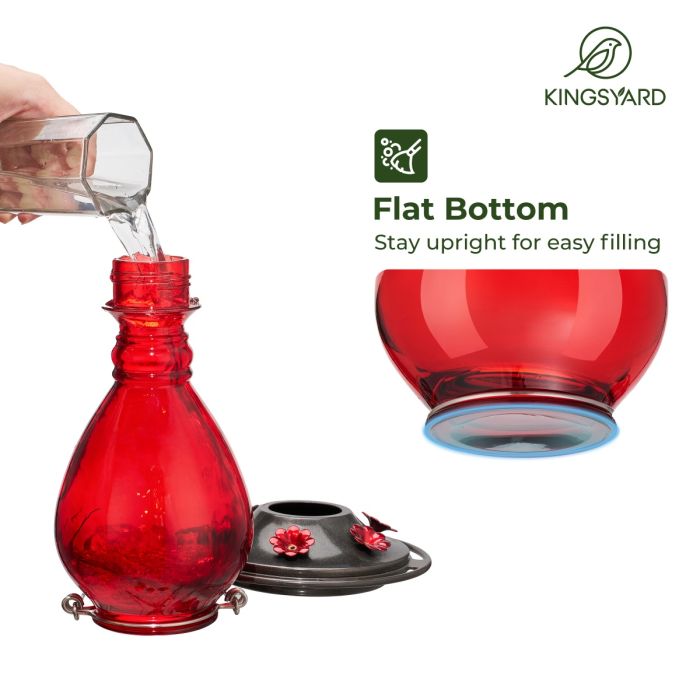 Leak Proof Glass Hummingbird Feeder with Ant Moat, 24oz, Red