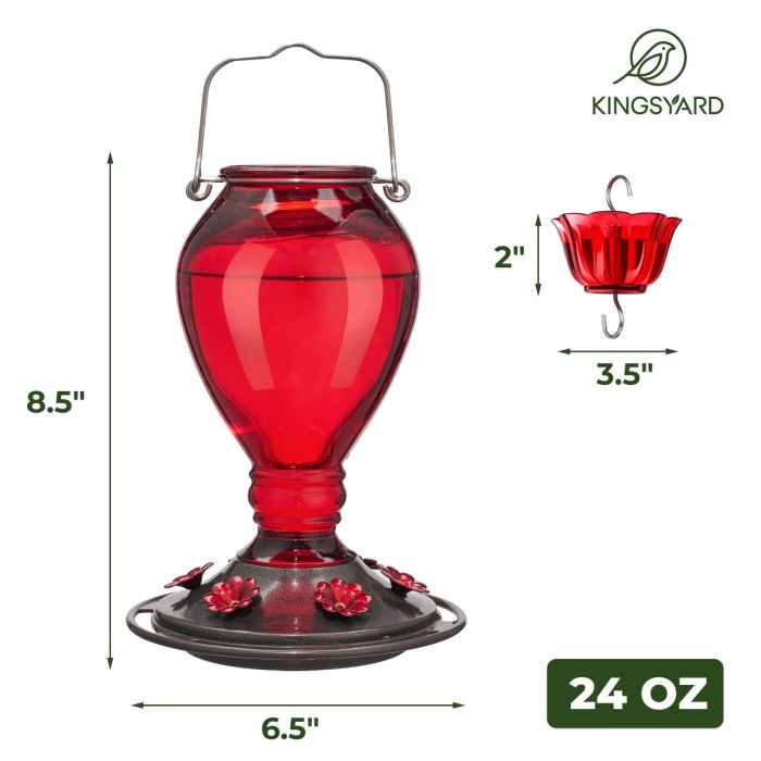 Leak Proof Glass Hummingbird Feeder with Ant Moat, 24oz, Red