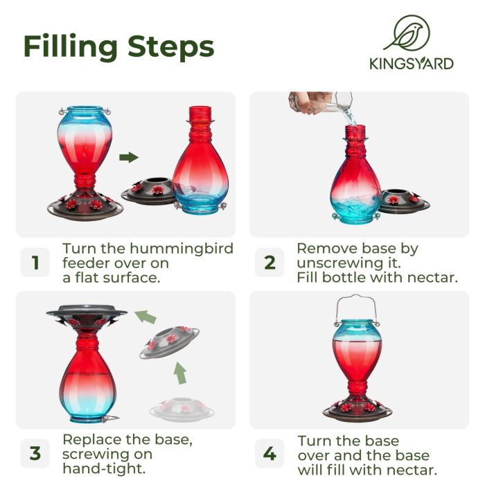 Leak Proof Glass Hummingbird Feeder with Ant Moat, 24oz, Red and Blue