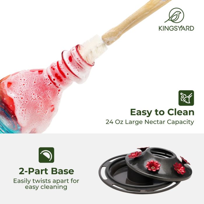 Leak Proof Glass Hummingbird Feeder with Ant Moat, 24oz, Red and Blue