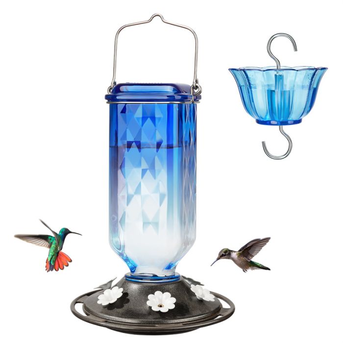 Leak Proof Glass Hummingbird Feeder with Ant Moat and Six Feeding Ports, Blue, 24oz