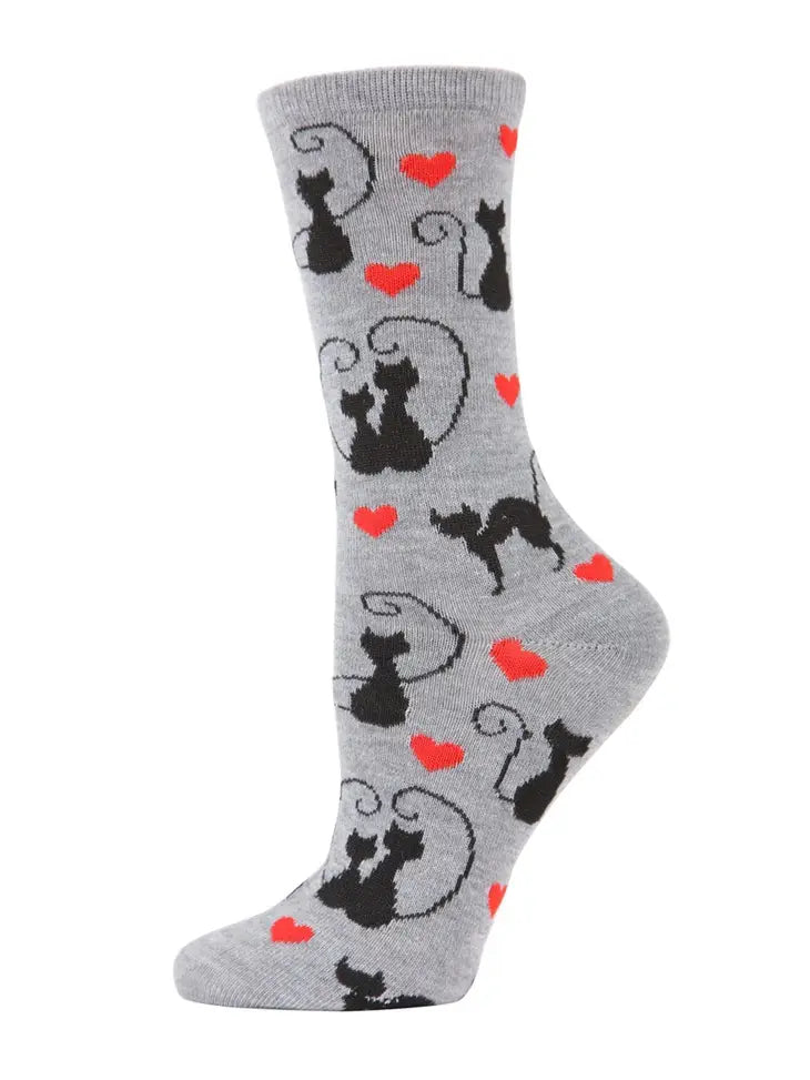 Memoi Curly Q Love Cats Bamboo Blend Crew Socks