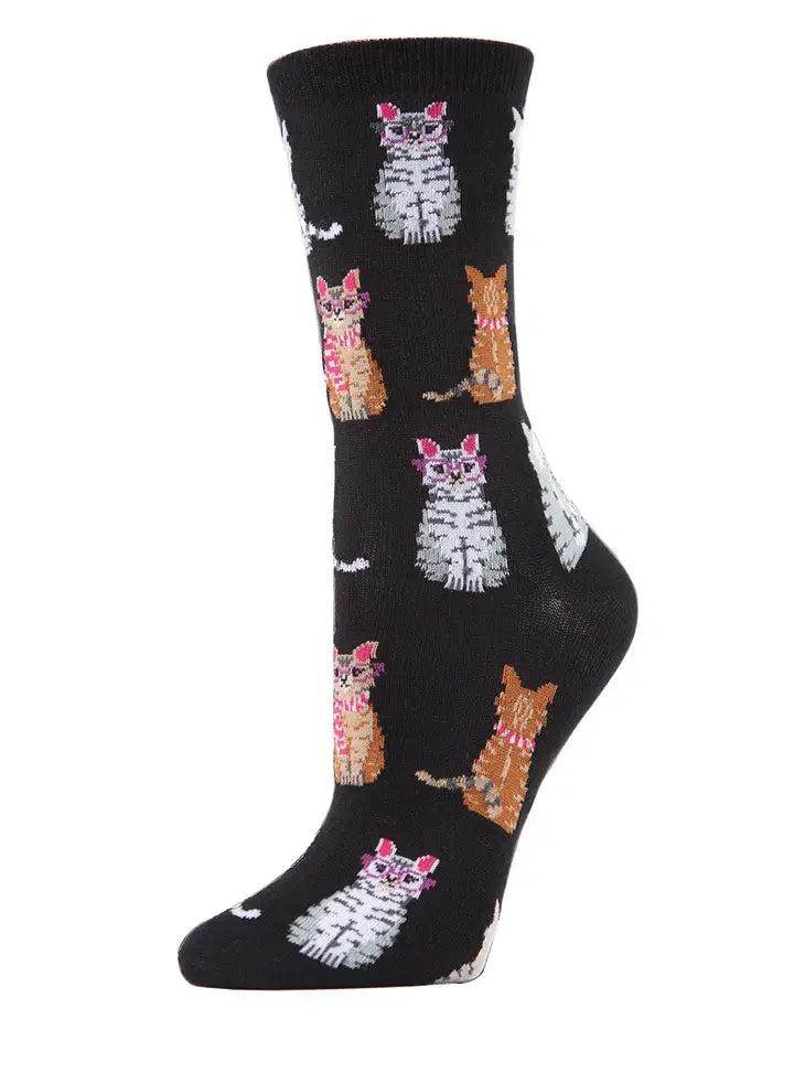 Memoi Studious Cats Bamboo Blend Crew Socks