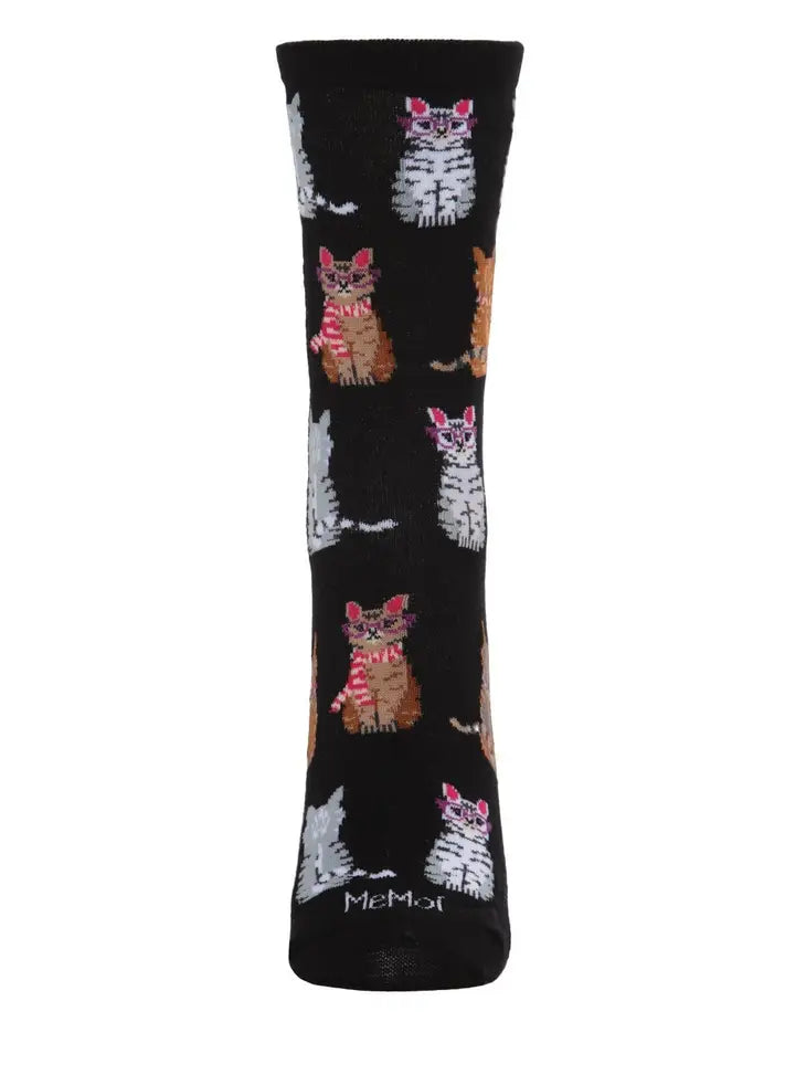 Memoi Studious Cats Bamboo Blend Crew Socks