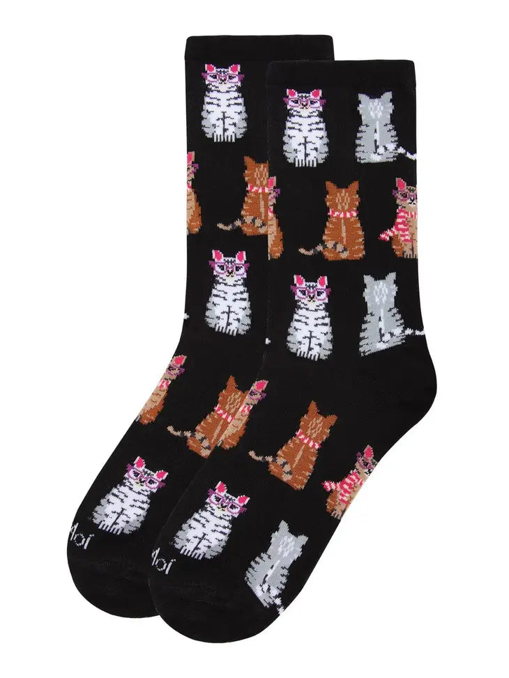 Memoi Studious Cats Bamboo Blend Crew Socks