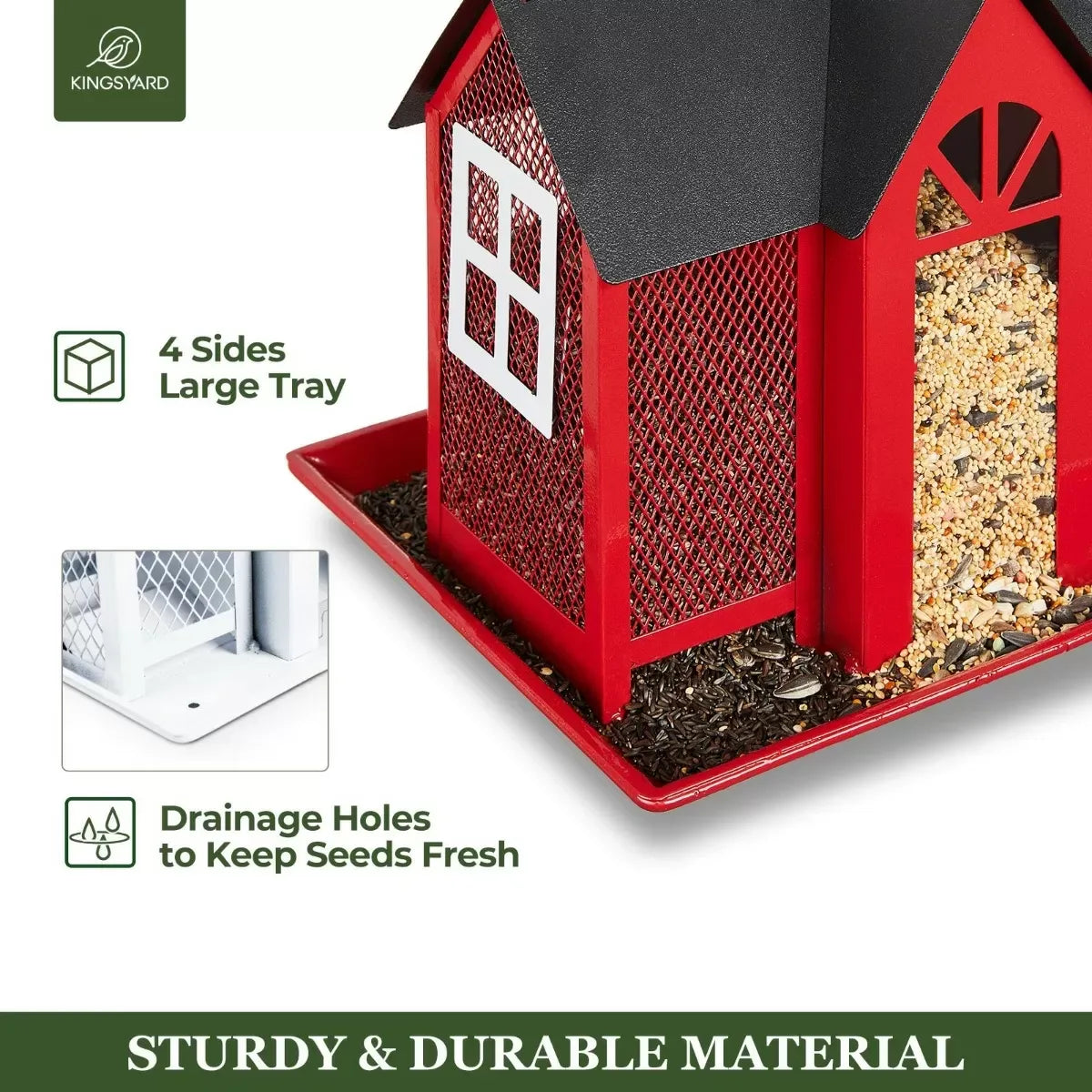 Metal Farmhouse Style Bird Feeder with Large Tray, Red