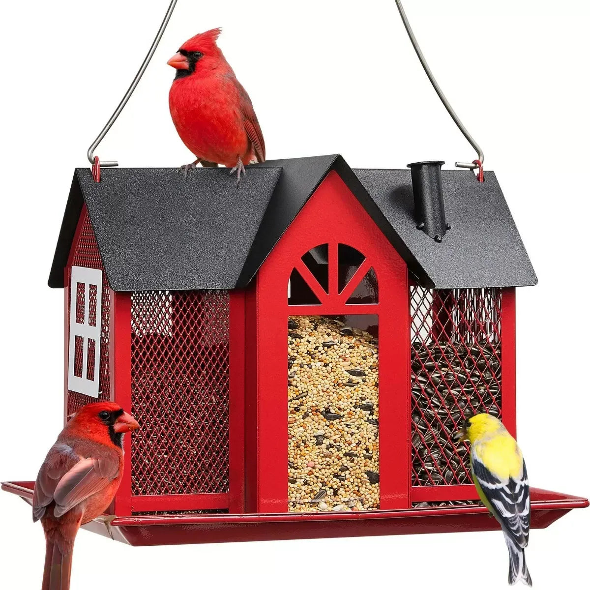 Metal Farmhouse Style Bird Feeder with Large Tray, Red
