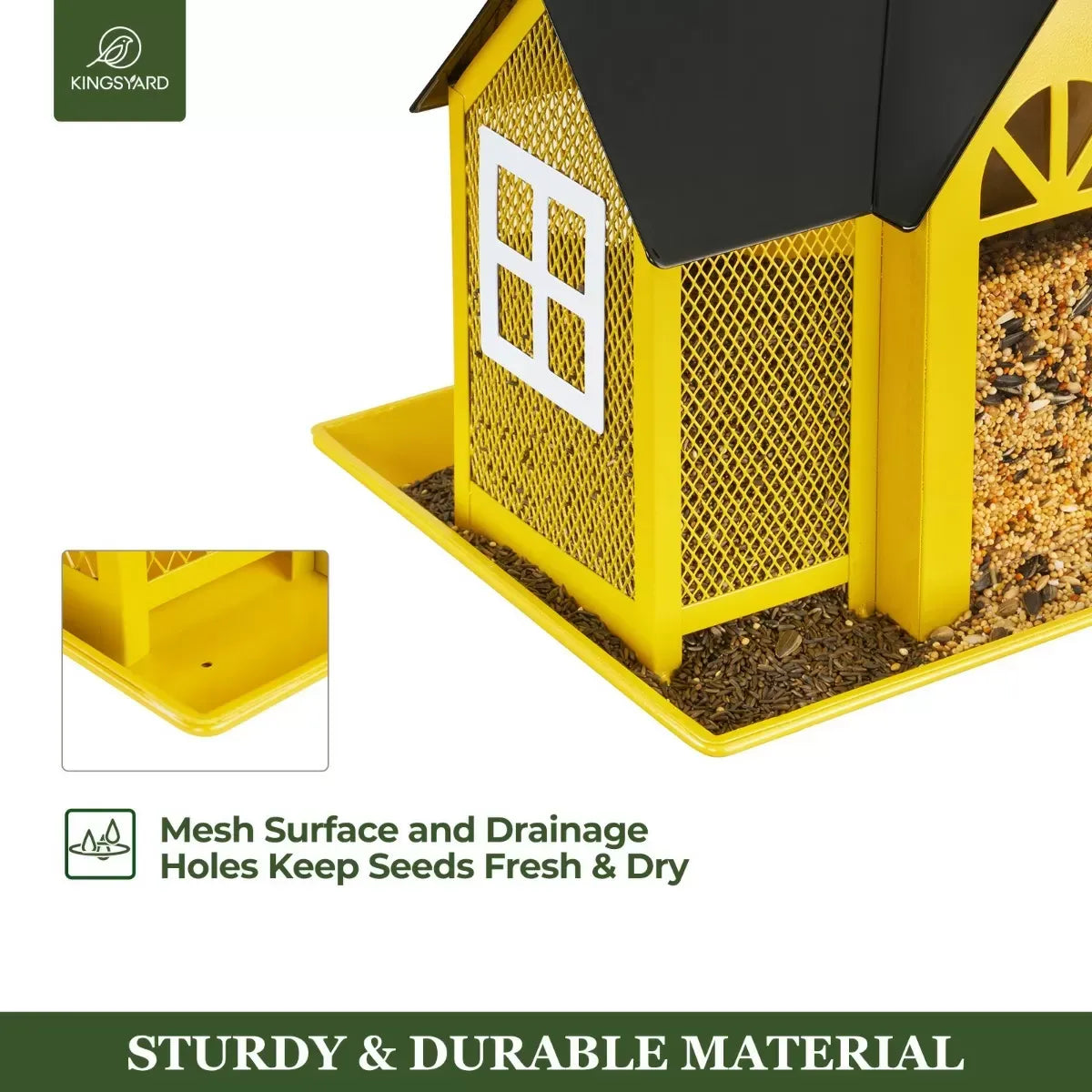 Metal Farmhouse Style Bird Feeder with Large Tray, Yellow