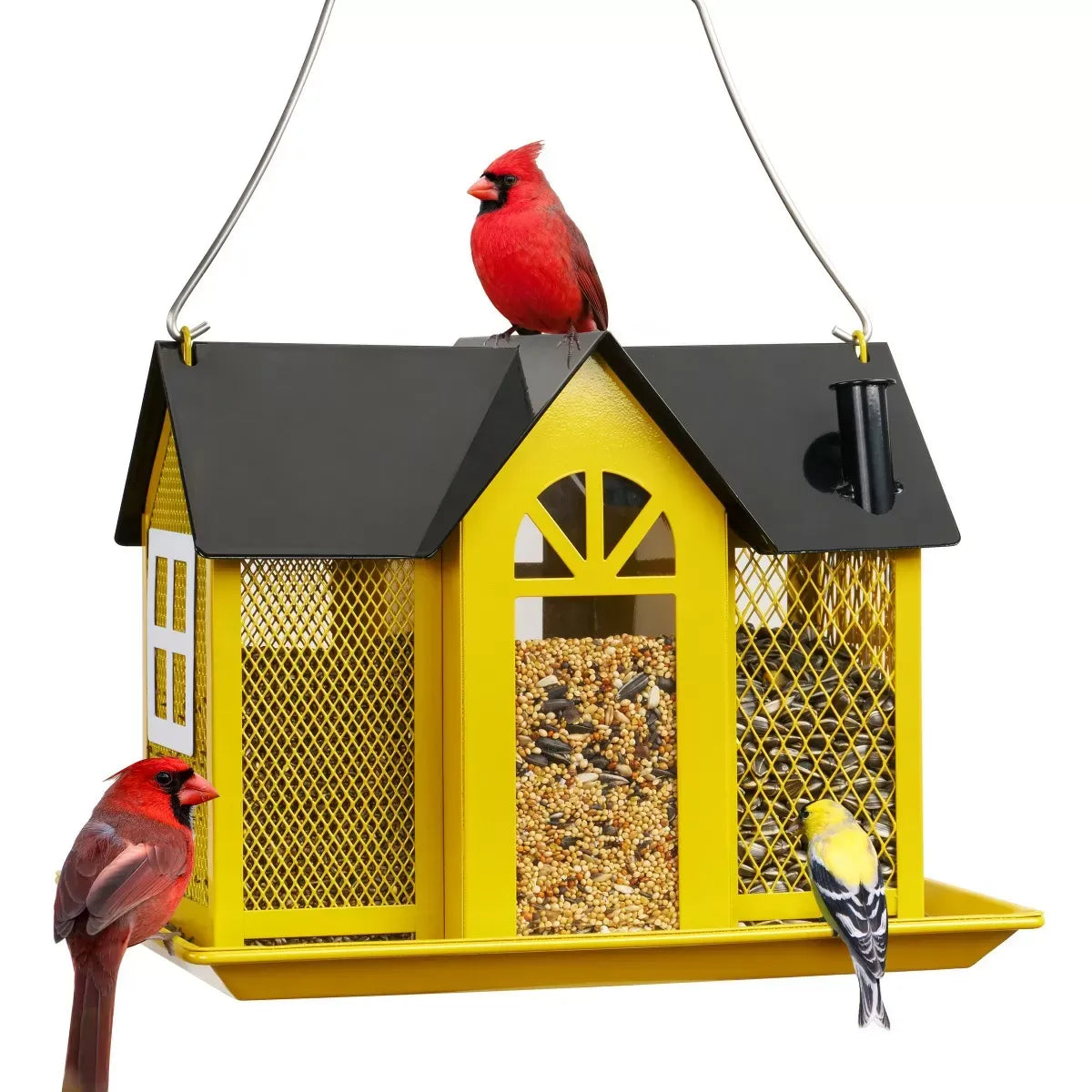 Metal Farmhouse Style Bird Feeder with Large Tray, Yellow
