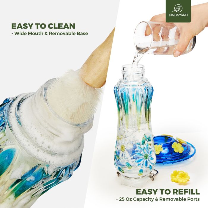 Painted Leak Proof Glass Hummingbird Feeder with Ant Moat, Aqua Blue, 25oz