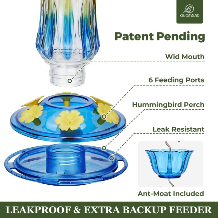 Painted Leak Proof Glass Hummingbird Feeder with Ant Moat, Aqua Blue, 25oz