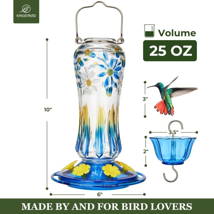 Painted Leak Proof Glass Hummingbird Feeder with Ant Moat, Aqua Blue, 25oz