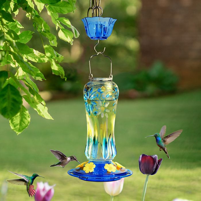 Painted Leak Proof Glass Hummingbird Feeder with Ant Moat, Aqua Blue, 25oz