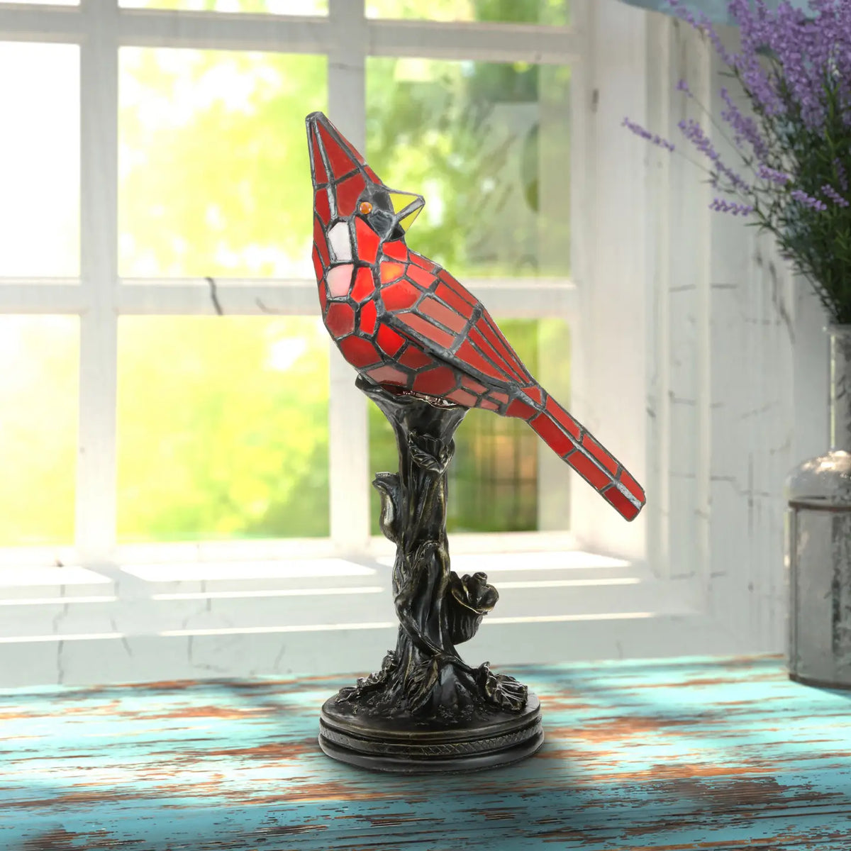 Skylar Red Cardinal Stained Glass Bird Accent Lamp, 13.5-Inch Height ...