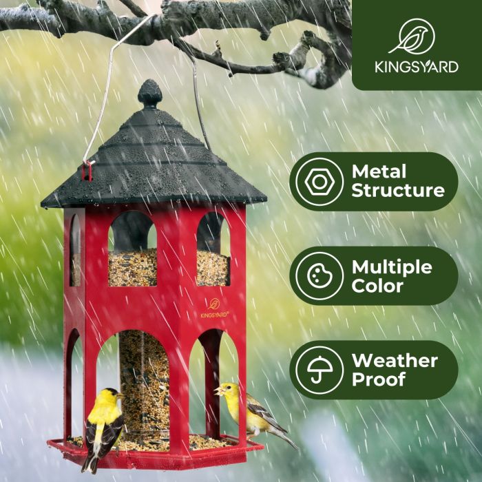 Weatherproof Metal Hexigon House Hopper Bird Feeder, Red