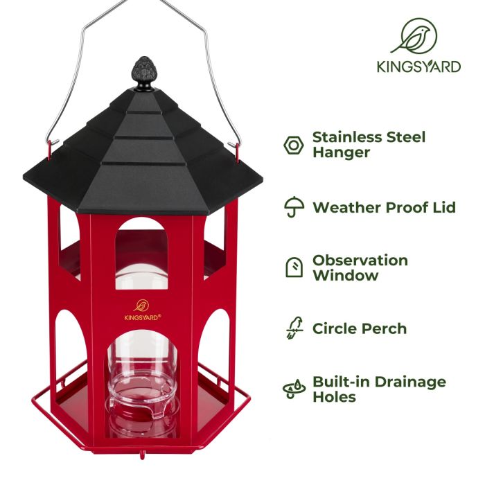 Weatherproof Metal Hexigon House Hopper Bird Feeder, Red