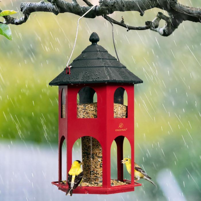 Weatherproof Metal Hexigon House Hopper Bird Feeder, Red