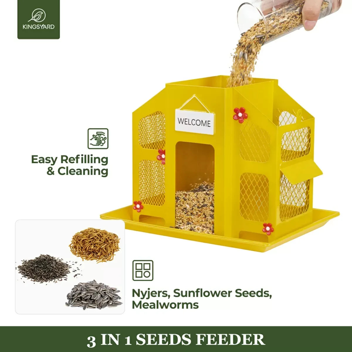 Weatherproof Metal Mesh House Hopper Bird Feeder, Yellow