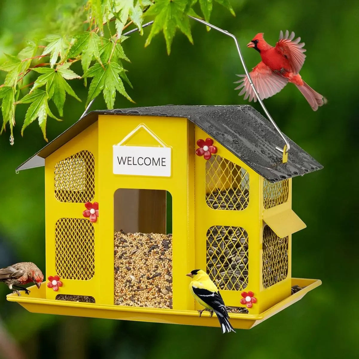 Weatherproof Metal Mesh House Hopper Bird Feeder, Yellow