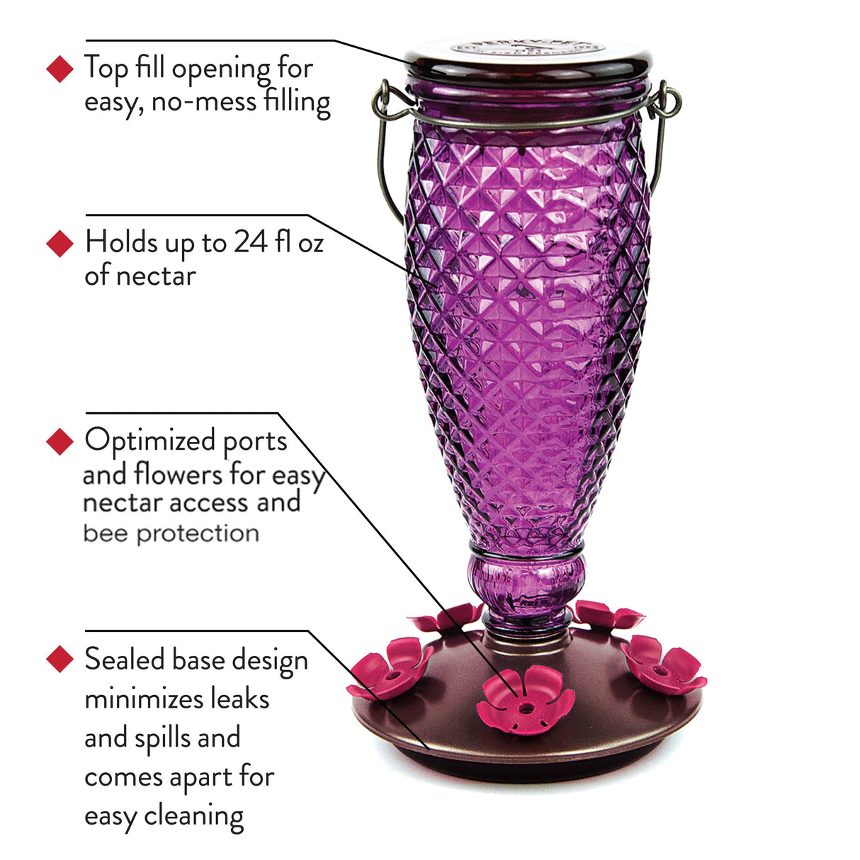 The Perky-Pet Diamond Wine Top-Fill Glass Hummingbird Feeder