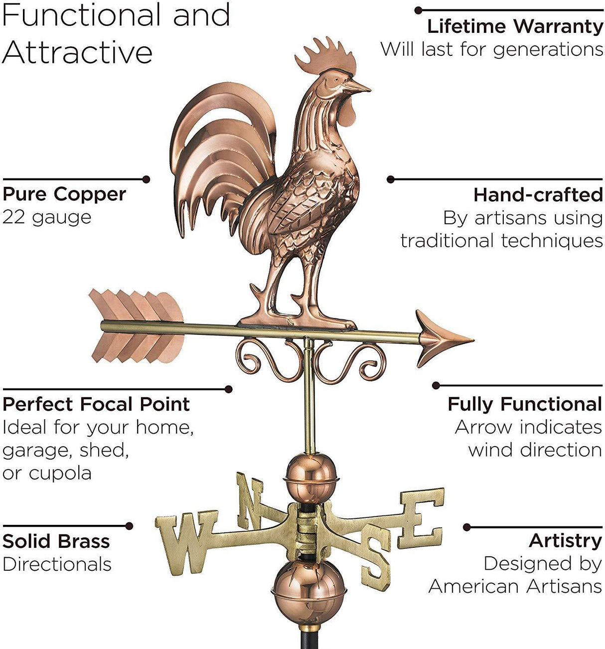 Bantam Rooster Weathervane, Pure Copper