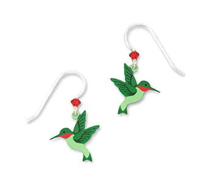 Sienna Sky Green & Red Hand Painted Hummingbird Silvertone Hook Earrings