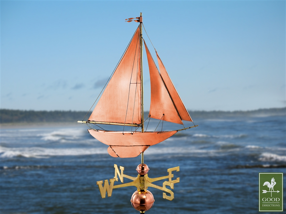 Full-Size Racing Sloop Weathervane, Polished Copper