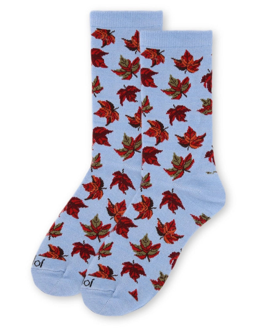 Autumn Falling Leaves Crew Socks, Light Blue