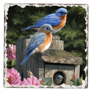Bluebirds #2 Single Absorbent Stone Tumbled Tile Coaster