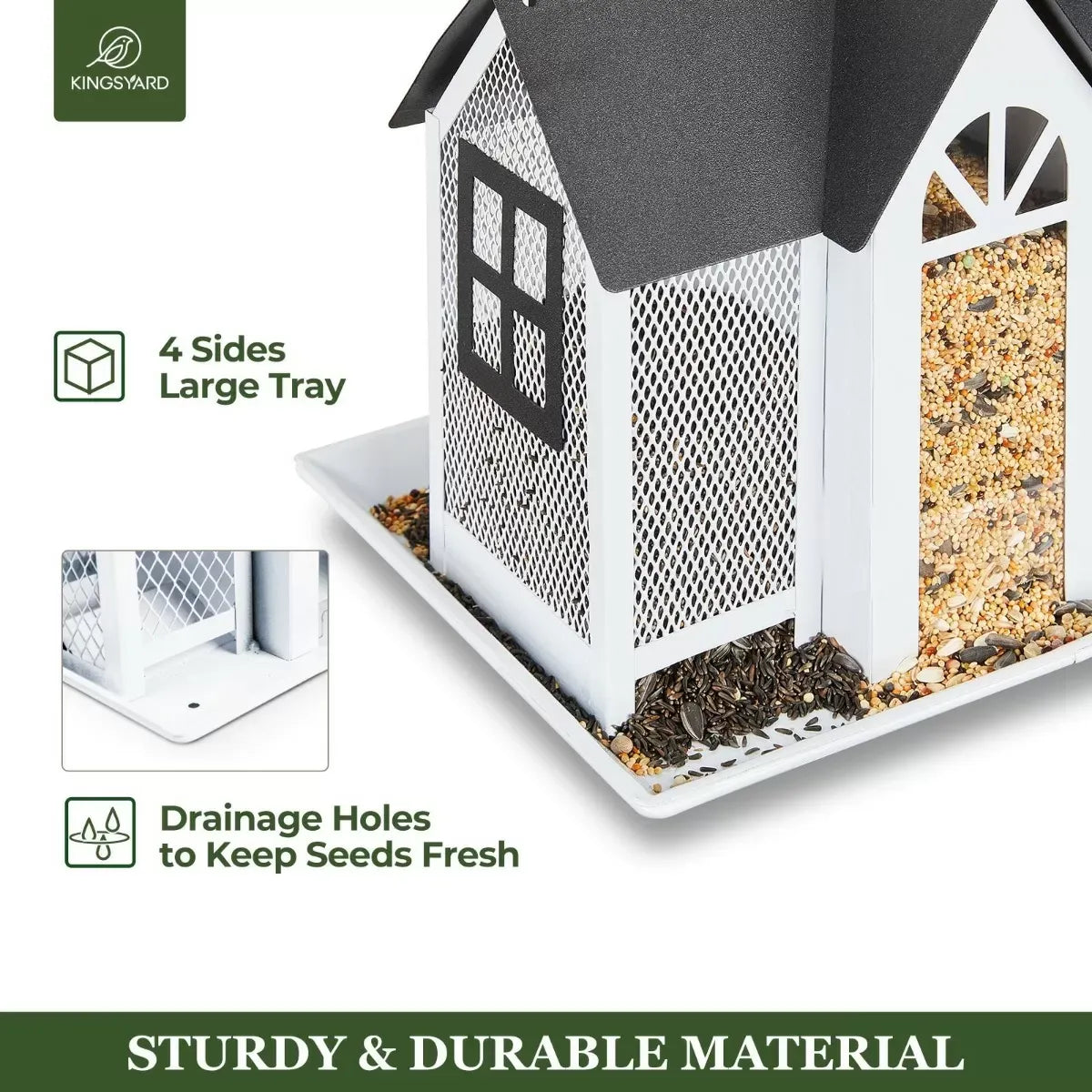 Farmhouse Style White Metal House Bird Feeder with Large Tray