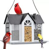 Farmhouse Style White Metal House Bird Feeder with Large Tray