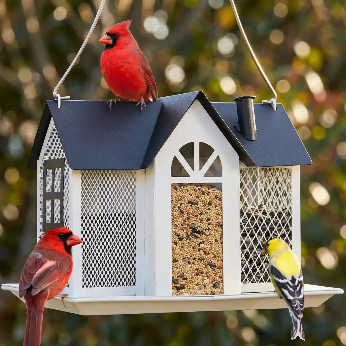 Farmhouse Style White Metal House Bird Feeder with Large Tray