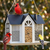 Farmhouse Style White Metal House Bird Feeder with Large Tray