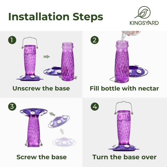 Glass Hummingbird Feeder with Ant Moat, Purple, 24oz