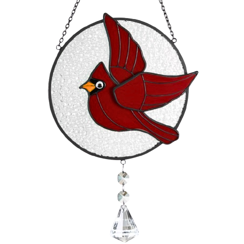 Handcrafted Stained Glass Red Cardinal on Moon Suncatcher