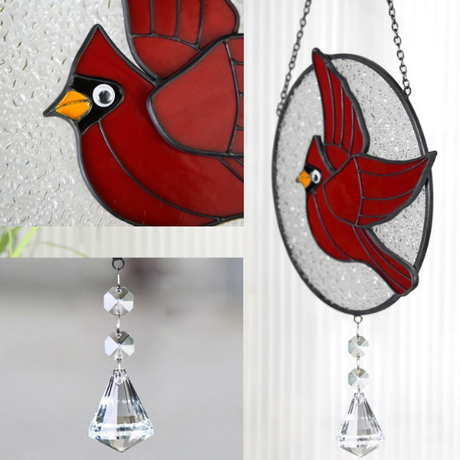 Handcrafted Stained Glass Red Cardinal on Moon Suncatcher