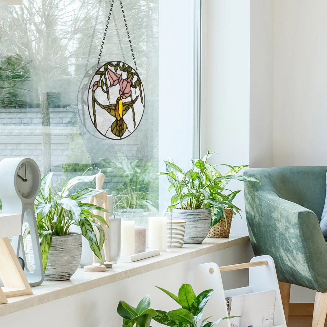 Hummingbird and Hibiscus Stained Glass Window Panel, 10-Inch Height (Store Pickup Only)