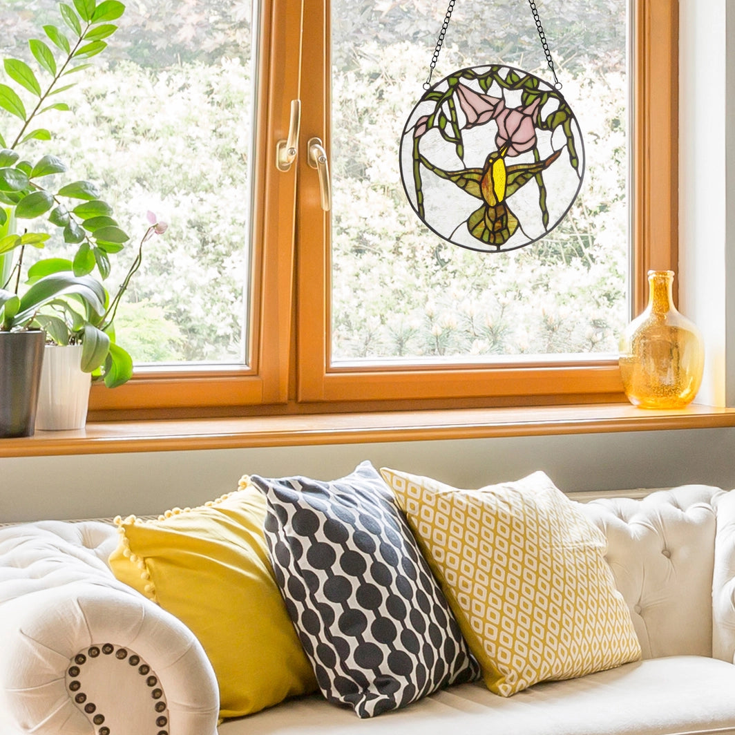 Hummingbird and Hibiscus Stained Glass Window Panel, 10-Inch Height (Store Pickup Only)