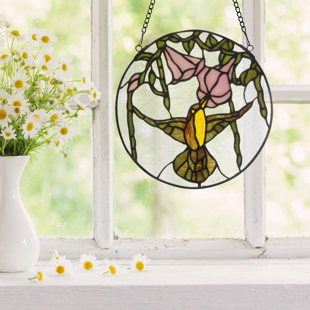 Hummingbird and Hibiscus Stained Glass Window Panel, 10-Inch Height (Store Pickup Only)