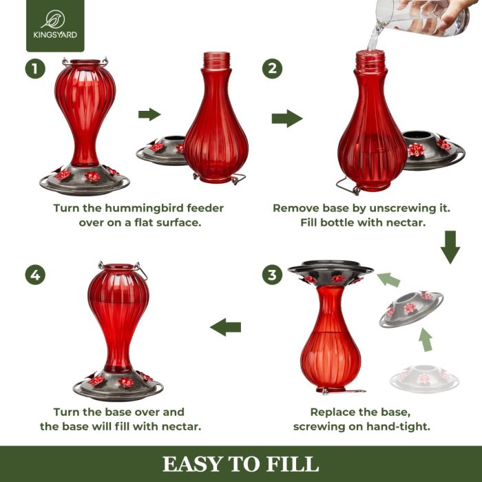 Leak Proof Glass Hummingbird Feeder with Ant Moat, Red, 24oz