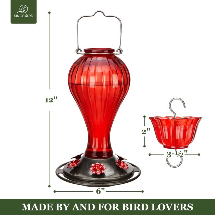 Leak Proof Glass Hummingbird Feeder with Ant Moat, Red, 24oz