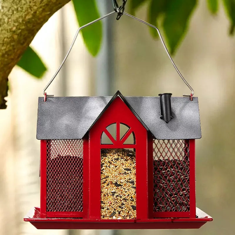 Metal Farmhouse Style Bird Feeder with Large Tray, Red