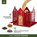 Metal Farmhouse Style Bird Feeder with Large Tray, Red